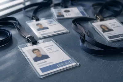 Professional Employee Badge Lanyards on Office Desk