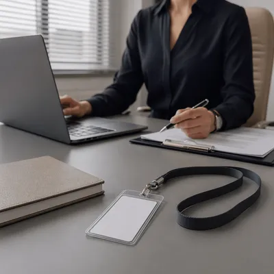Professional Employee Badge on Modern Office Desk