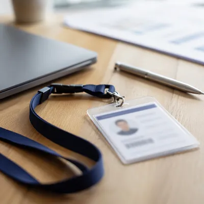 Professional Employee Badge on Modern Office Desk