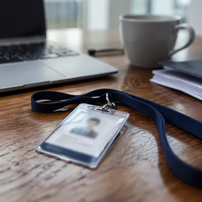 Professional Employee Badge and Lanyard Desk Scene