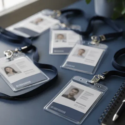 Professional Employee Badge Lanyards on Office Desk