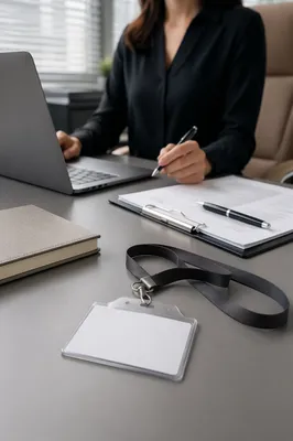 Professional Employee Badge on Modern Office Desk