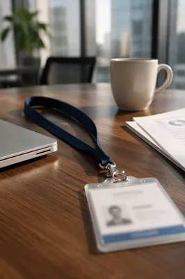 Professional Employee Badge and Lanyard on Desk