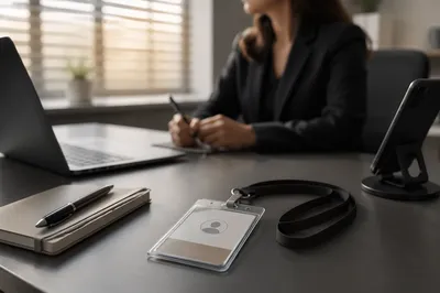Professional Employee Badge on Office Desk