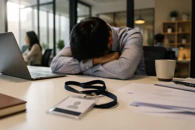 Employee Badge on Desk After Long Workday