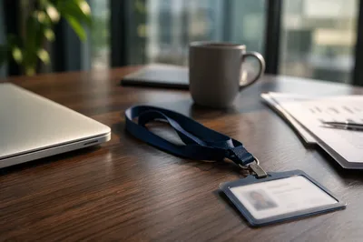 Professional Employee Badge and Lanyard Desk Scene