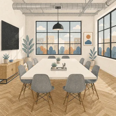 Empty Industrial Conference Room With Long Table