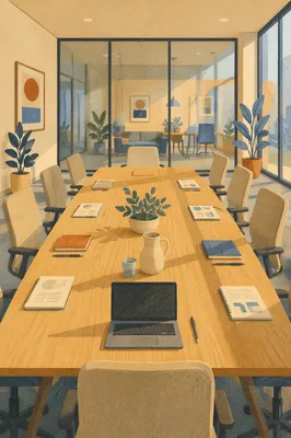 Empty Meeting Room with Long Conference Table