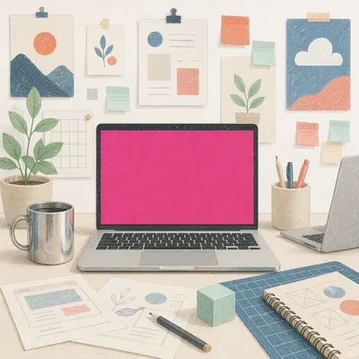 Creative Startup Desk With Magenta Laptop Screen