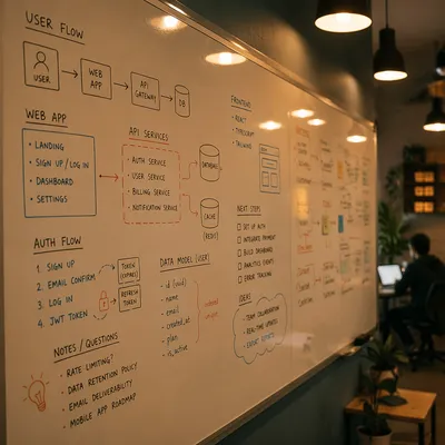 Startup Whiteboard Brainstorm in Warm Office Light