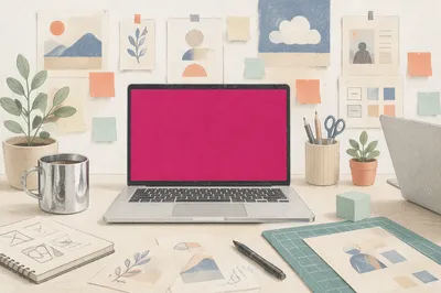 Creative Startup Desk With Magenta Laptop