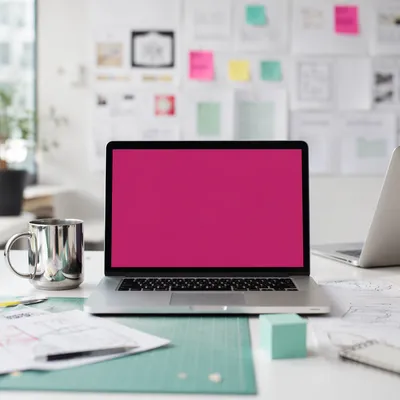Creative Startup Desk with Magenta Laptop