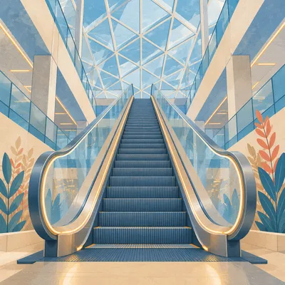 Upward Escalator in Futuristic Glass Atrium