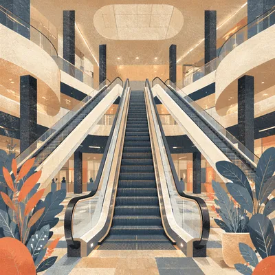 Escalators Rising in Modern Corporate Atrium