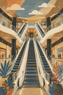 Escalators Rising Through Modern Corporate Atrium