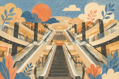 Modern Escalators Rising Through Corporate Atrium