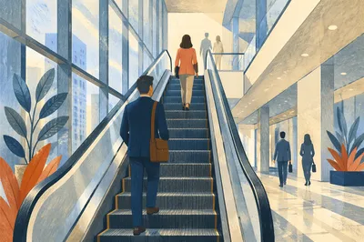 Escalator Rising Through Modern Office Atrium
