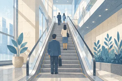 Escalator Rising Through Modern Office Atrium