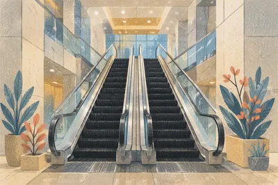 Modern Escalators Rising in Corporate Atrium