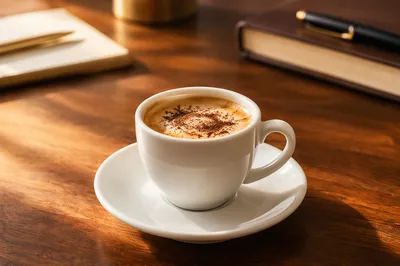 Elegant Espresso Cup on Walnut Desk