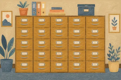 Organized Wooden File Cabinets in Office Archive