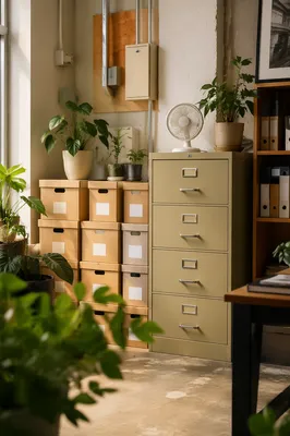 Organized Office Storage Corner with Filing Cabinet