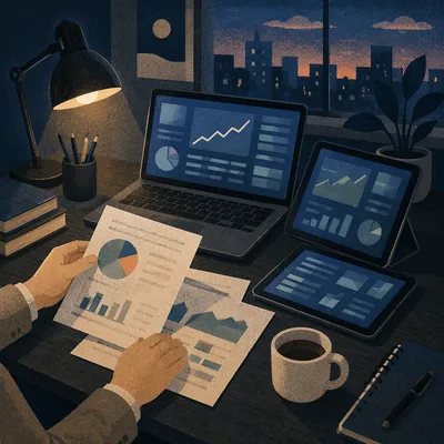 Evening Financial Analytics Workspace Scene