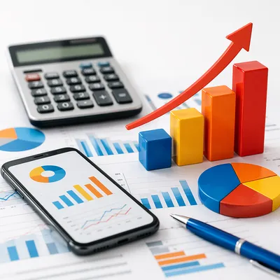 Financial Analytics Desk With Rising Growth Arrow