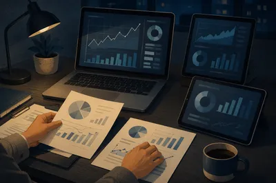 Business Analytics Desk with Financial Charts