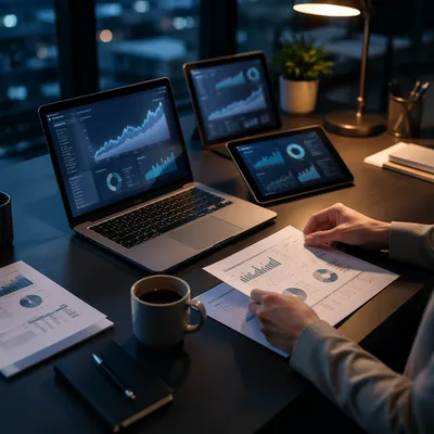 Evening Financial Analytics Workspace in Modern Office