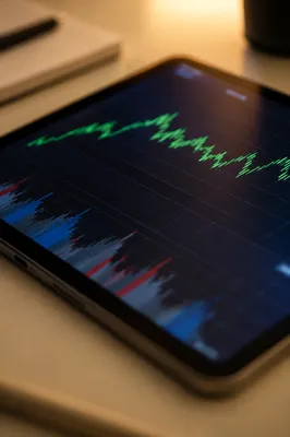 Tablet Financial Analytics Dashboard on Office Desk