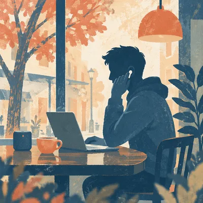 Focused Freelancer Taking Cafe Laptop Call