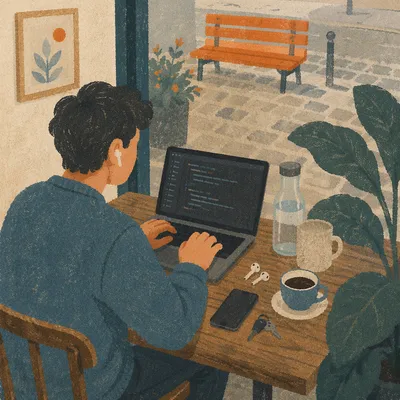 Focused Freelancer Working in Cozy Cafe