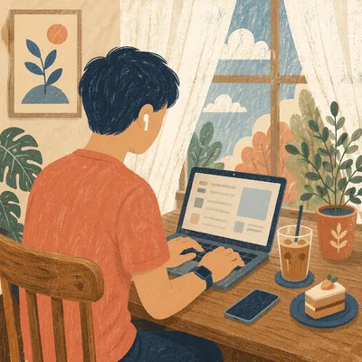 Freelancer Working at Cozy Cafe Laptop