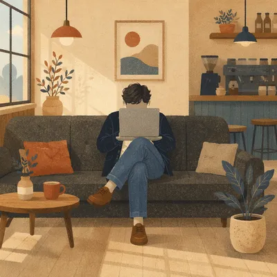 Freelancer Working on Laptop in Cozy Cafe
