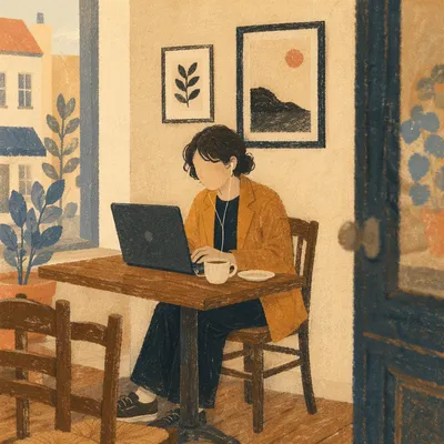 Focused Freelancer in Cozy Cafe Workspace