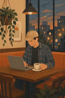 Freelancer Working in Cozy Cafe at Dusk