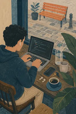 Focused Freelancer Working in Cozy Cafe
