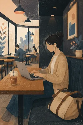 Focused Freelancer Working in Moody Cafe