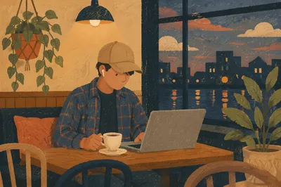 Freelancer Working in Cozy Cafe at Dusk