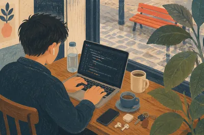 Freelancer Coding at Cozy Cafe Window