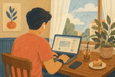 Casual Freelancer Working in Bright Cafe