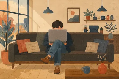 Freelancer Working on Laptop in Cozy Cafe