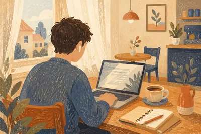 Freelancer Working Calmly in Cozy Cafe