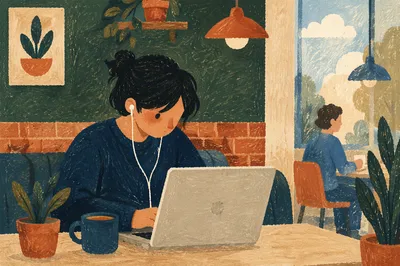 Focused Freelancer Working in Cozy Cafe
