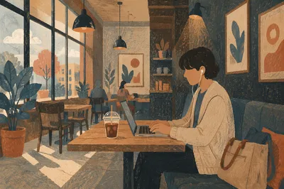 Focused Freelancer in Moody Cafe Booth
