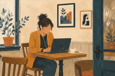 Focused Freelancer in Cozy Cafe Workspace