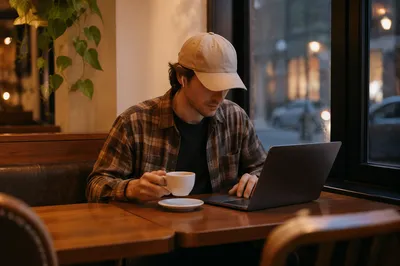Freelancer Working in Cozy Cafe at Dusk
