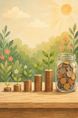 Coin Savings Growth with Seedlings and Jar