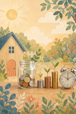 Glass Jar Coins and Sprouts Savings Growth